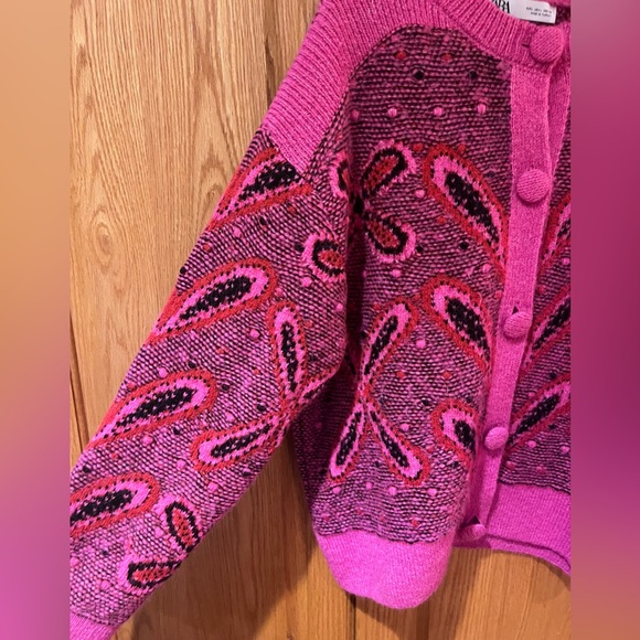 ZARA Pink Jacquard Knit Cardigan with Pompoms Size Large Bloggers Fave 5802/162 - Picture 8 of 14